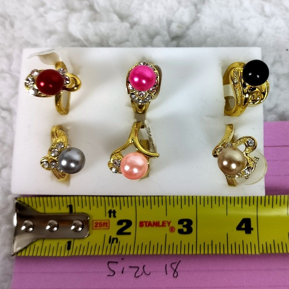 Faux Pearl Gold Tone Rhinestone Statement Ring Bundle Set Multi Color 3pc